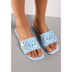 Jasnoniebieskie Klapki Wippey. Niebieskie klapki damskie Renee, z aplikacjami, eleganckie, z otwartym noskiem, bez obcasa, na płaskiej podeszwie, bez zapięcia. W wyprzedaży za 59.99 zł.