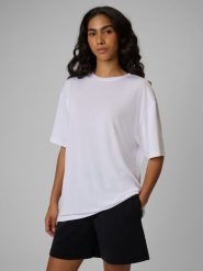 4F T-shirt loose gładki damski - biały M. Białe t-shirty damskie 4F, m, bez wzorów, z dzianiny, klasyczne, bez kołnierzyka, bez ramiączek. Za 89.99 zł.