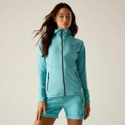 Damska bluza środkowa z kapturem i rozciągliwym zamkiem błyskawicznym Nomadic. Niebieskie bluzy damskie Dare 2B, bez wzorów, z elastanu, bez ramiączek, z kapturem. Za 379.99 zł.