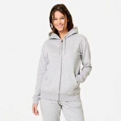 Bluza na zamek damska Domyos fitness. Szare bluzy damskie DOMYOS, m, bez wzorów, z bawełny, sportowe, bez ramiączek, z kapturem. Za 119.99 zł.