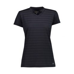 T-shirt z detalami w poziomą siatkę dla kobiet CMP. Czarne t-shirty damskie CMP, bez wzorów, z materiału, sportowe, bez kołnierzyka, bez ramiączek. Za 178.15 zł.