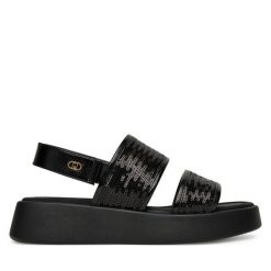 Sandały Liu Jo. Czarne sandały damskie Liu Jo, bez wzorów, bez obcasa, na płaskiej podeszwie, bez zapięcia. Za 349.99 zł.
