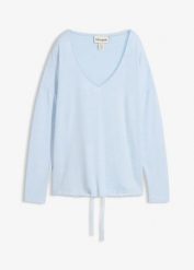 Bluza oversize z materiału w optyce dzianiny. Niebieskie bluzy damskie bonprix, bez wzorów, z dzianiny, bez ramiączek, bez kaptura. Za 124.99 zł.