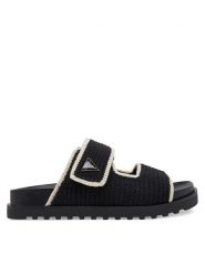 Guess Klapki FLJFDN FAB19 Czarny. Czarne klapki damskie Guess, z aplikacjami, ze skóry, bez obcasa, bez zapięcia. Za 599.99 zł.
