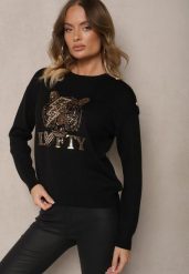 Czarny Sweter z Wiskozą Naszywką Napisem i Cyrkoniami Lilrae. Czarne swetry nierozpinane damskie Renee, z aplikacjami, z wiskozy, biznesowe, bez kołnierzyka, bez ramiączek. Za 119.99 zł.