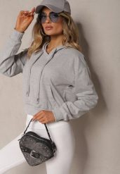 Jasnoszara Bluza z Kapturem i Bawełną Ozdobiona Ściągaczami Evianae. Szare bluzy damskie Renee, l, bez wzorów, z bawełny, casualowe, bez ramiączek, z kapturem. Za 29.99 zł.