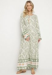 Zielona Sukienka Rozkloszowana z Ozdobnym Wiązaniem w Boho Wzór Erainea. Zielone sukienki damskie Born2be, na co dzień, l, z aplikacjami, z jeansu, boho, bez kołnierzyka, bez ramiączek, maxi, proste. Za 79.99 zł.