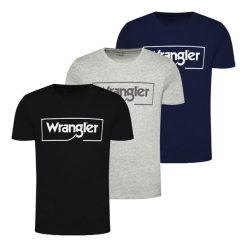 3PAK WRANGLER FRAME LOGO TEE MĘSKI T-SHIRT KOSZULKA NADRUK W70JD3. Czarne t-shirty męskie Wrangler, m, bez wzorów, z bawełny, bez kołnierzyka, bez ramiączek. Za 239.99 zł.