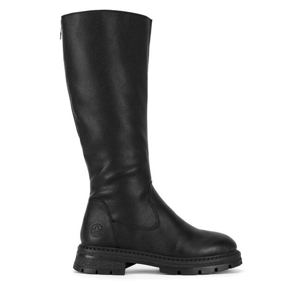 Kozaki Rieker. Czarne kozaki damskie Rieker, bez wzorów, bez obcasa, na płaskiej podeszwie, bez zapięcia. Za 459.99 zł.