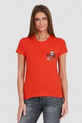 KARL LAGERFELD Czerwony t-shirt ikonik lny. Czerwone t-shirty damskie KARL LAGERFELD, xs, bez wzorów, bez kołnierzyka, bez ramiączek. W wyprzedaży za 279.99 zł.