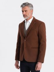Marynarka męska casual z ozdobnymi guzikami na mankietach - czekoladowy brąz V1 - Rozmiar: XL. Brązowe marynarki męskie Ombre Clothing, m, bez wzorów, casualowe, bez kołnierzyka, bez ramiączek. W wyprzedaży za 149.99 zł.