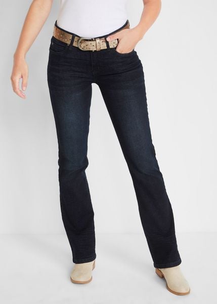 Dżinsy ze stretchem o kroju bootcut, mid waist. Niebieskie jeansy damskie bonprix, bez wzorów, z jeansu. Za 127.99 zł.