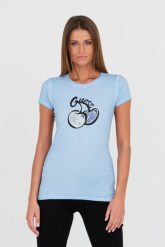 GUESS Niebieski t-shirt z printem i cyrkoniami. Niebieskie t-shirty damskie Guess, s, z aplikacjami, bez kołnierzyka, bez ramiączek. W wyprzedaży za 207.99 zł.