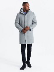 Monochromatyczny długi męski płaszcz z kapturem – szary melanż V1 - Rozmiar: XL. Szare płaszcze męskie Ombre Clothing, m, bez wzorów, z materiału, eleganckie, bez kołnierzyka, z kapturem. W wyprzedaży za 412.49 zł.
