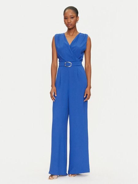 Morgan Kombinezon 231-PILOU.F Niebieski Regular Fit. Niebieskie sukienki damskie Morgan, bez wzorów, z syntetyku, bez kołnierzyka, bez ramiączek. Za 229.99 zł.