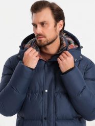 Kurtka męska Ombre Kurtka męska puffer z podszewką w kratę granatowa V1 OM-JAHP-0205 XXL. Kurtki męskie Ombre, m, bez wzorów, bez kaptura. Za 399.99 zł.
