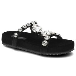 Klapki damskie Scaviola, z materiału tekstylnego z paskiem zdobionym cyrkoniami wsuwaną konstrukcją materiałową wkładką wnętrzem ze skóry ekologiczne. Czarne klapki damskie Sca'viola, na lato, z aplikacjami, z materiału, glamour, bez obcasa, bez zapięcia. Za 329.00 zł.