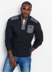 Sweter ze stójką z grubej dzianiny ze wstawkami. Szare swetry męskie bonprix, l, bez wzorów, z dzianiny, bez kołnierzyka, bez ramiączek. Za 124.99 zł.