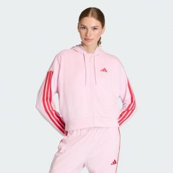 Bluza z kapturem Essentials 3-Stripes French Terry Full-Zip. Czerwone bluzy damskie Adidas, bez wzorów, z materiału, bez ramiączek, z kapturem. Za 259.00 zł.