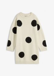 Sukienka dzianinowa oversize w kropki. Brązowe sukienki damskie bonprix, bez wzorów, z dzianiny, bez kołnierzyka, bez ramiączek, oversize. Za 139.99 zł.