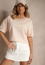 Beżowy T-shirt z Bawełny z Cyrkoniami Fadeola. Brązowe t-shirty damskie Renee, l, bez wzorów, z bawełny, eleganckie, bez kołnierzyka, bez ramiączek. Za 39.99 zł.