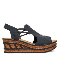 Sandały Rieker. Niebieskie sandały damskie Rieker, bez wzorów, bez obcasa, na koturnie, bez zapięcia. Za 319.99 zł.