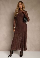 Brązowa Elegancka Sukienka z Koronki z Odkrytymi Plecami Lilafera. Brązowe sukienki damskie Renee, s, bez wzorów, z jeansu, eleganckie, bez kołnierzyka, bez ramiączek. Za 149.99 zł.