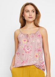 Top shirtowy w kwiaty. Niebieskie topy damskie bonprix, bez wzorów, z koronki, bez kołnierzyka, bez ramiączek. Za 79.99 zł.