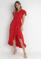 Czerwona Sukienka Mailcon. Czerwone sukienki damskie Born2be, na imprezę, na lato, bez wzorów, eleganckie, bez kołnierzyka, bez ramiączek, maxi, kopertowe. Za 79.99 zł.