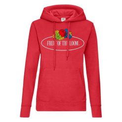 Damska Bluza Z Kapturem Z Nadrukiem Logo W Stylu Vintage. Czerwone bluzy damskie fruit of the loom, s, bez wzorów, vintage, bez ramiączek, z kapturem. Za 114.99 zł.