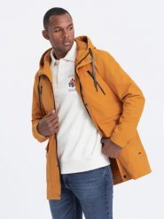 Kurtka męska parka z kieszeniami cargo - musztardowa V3. Czarne kurtki męskie Ombre Clothing, m, bez wzorów, eleganckie, bez kaptura. W wyprzedaży za 109.99 zł.