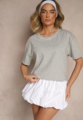 Szary T-shirt z Bawełny z Cyrkoniami Fadeola. Szare t-shirty damskie Renee, l, bez wzorów, z bawełny, eleganckie, bez kołnierzyka, bez ramiączek. Za 39.99 zł.