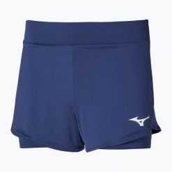 Spodenki tenisowe damskie Mizuno Flex Short. Niebieskie szorty damskie Mizuno, bez wzorów, sportowe. Za 119.99 zł.