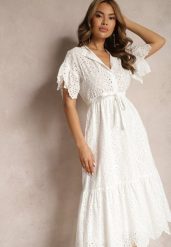 Biała Bawełniana Sukienka o Rozkloszowanym Kroju z Haftem z Guzikami i Gumką w Pasie Lovarae. Białe sukienki damskie Renee, l, bez wzorów, z bawełny, eleganckie, bez kołnierzyka, bez ramiączek, midi, rozkloszowane. Za 159.99 zł.