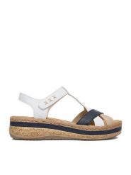 Rieker Sandały CEO-V0919-81 Biały. Białe sandały damskie Rieker, bez wzorów, ze skóry, bez obcasa, na koturnie, bez zapięcia. Za 339.99 zł.