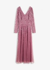 Wieczorowa sukienka maxi z cekinami. Fioletowe sukienki damskie bonprix, bez wzorów, eleganckie, bez kołnierzyka, bez ramiączek, maxi. Za 409.99 zł.