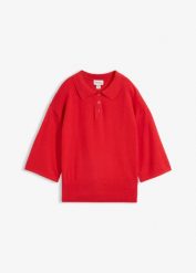 Sweter z kołnierzykiem polo z mieszanki bawełny. Czerwone swetry nierozpinane damskie bonprix, bez wzorów, z bawełny, bez kołnierzyka, bez ramiączek. Za 109.99 zł.