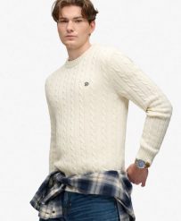 Superdry Sweter z warkoczowym splotem — Bawełna 100% Relaxed. Brązowe swetry męskie Superdry, uniwersalny, z aplikacjami, z bawełny, klasyczne, bez kołnierzyka, bez ramiączek. Za 345.10 zł.