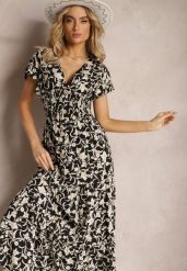 Czarno-Biała Sukienka z Gumką w Pasie w Kwiatowy Wzór z Ozdobnymi Guzikami Ellsa. Czarne sukienki damskie Renee, m, bez wzorów, bez kołnierzyka, bez ramiączek, maxi. Za 89.99 zł.