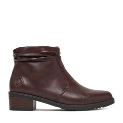 Botki Rieker. Brązowe botki damskie Rieker, bez wzorów, bez obcasa, na słupku, bez zapięcia. Za 349.99 zł.