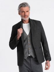 Stylowa żakardowa marynarka męska w delikatne prążki - grafitowa V1 OM-BLZB-0113 - XL. Szare garnitury męskie Ombre Clothing, l, bez wzorów, z poliesteru, eleganckie. W wyprzedaży za 149.99 zł.