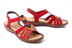 RIEKER 60804-33 red combination, sandały damskie. Czerwone sandały damskie Rieker, bez wzorów, bez obcasa, na obcasie, bez zapięcia. Za 231.92 zł.