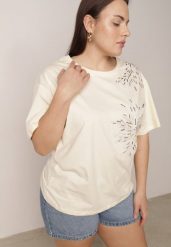 Jasnobeżowy T-shirt Bawełniany z Ozdobnymi Cekinami Greyfeather. Brązowe t-shirty damskie Born2be, plus size, bez wzorów, z bawełny, biznesowe, bez kołnierzyka, bez ramiączek. Za 59.99 zł.
