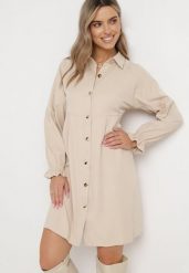 Beżowa Luźna Sukienka Koszulowa Momessa. Brązowe sukienki damskie Born2be, l, bez wzorów, bez kołnierzyka, bez ramiączek, mini, koszulowe. Za 129.99 zł.