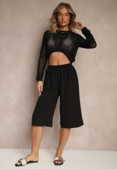 Czarne Luźne Spodnie 3/4 z Kieszonkami Efrinea. Czarne spodnie materiałowe damskie Renee, bez wzorów, z gumy, eleganckie. Za 34.99 zł.