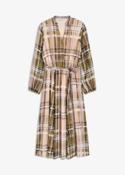 Sukienka szyfonowa z paskiem w talii. Brązowe sukienki damskie bonprix, bez wzorów, z szyfonu, eleganckie, bez kołnierzyka, bez ramiączek. Za 149.99 zł.
