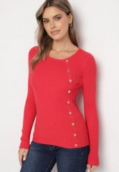Czerwony Sweter Ozdobiony Metalowymi Napami Corettina. Czerwone swetry nierozpinane damskie Born2be, m, z aplikacjami, z jeansu, wizytowe, bez kołnierzyka, bez ramiączek. Za 89.99 zł.