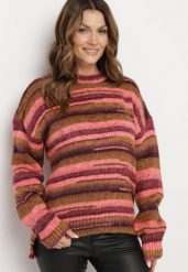 Różowo-Brązowy Sweter w Poziome Paski Rortia. Czerwone swetry nierozpinane damskie Born2be, na zimę, m, bez wzorów, bez kołnierzyka, bez ramiączek. Za 119.99 zł.