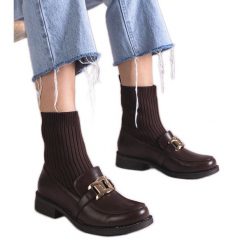 Brązowe botki z materiałową cholewką. Brązowe botki damskie bez wzorów, z materiału, eleganckie, bez obcasa, bez zapięcia. Za 80.34 zł.