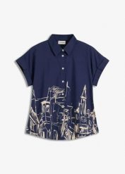 Bluzka oversize z krótkim rękawem z bawełnianej popeliny. Niebieskie bluzki damskie bonprix, bez wzorów, z bawełny, bez kołnierzyka, bez ramiączek. Za 114.99 zł.